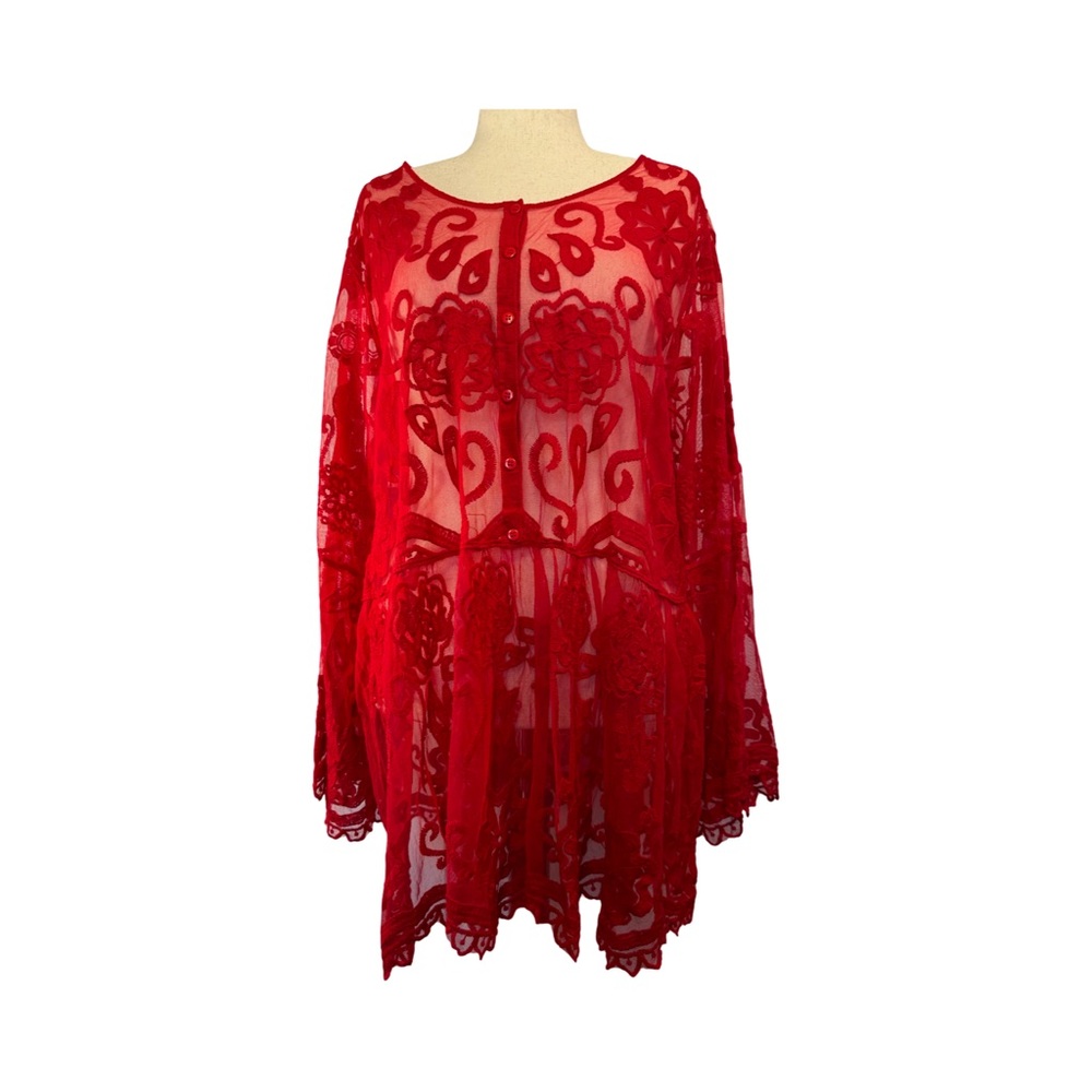 Lane Bryant lace & mesh button front overlay top red size 26/28 romantic holiday